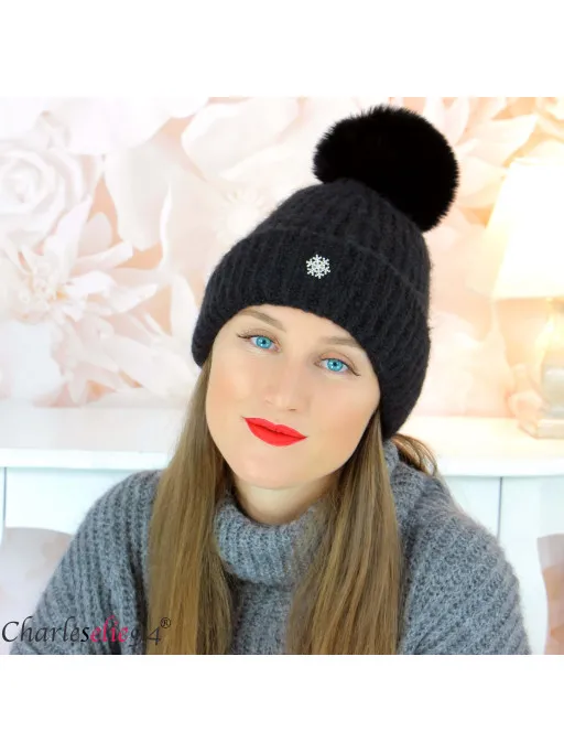 Bonnet femme pompon BH1 grosse maille polaire noir