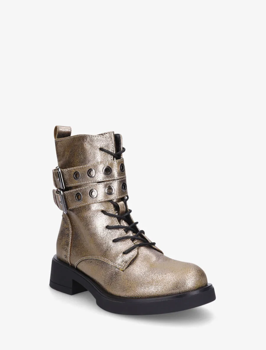 Bottines en simili à double sangles et lacets - Bronze