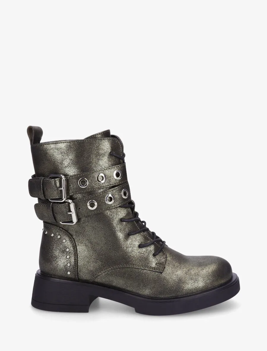Bottines en simili à double sangles et lacets - Kaki
