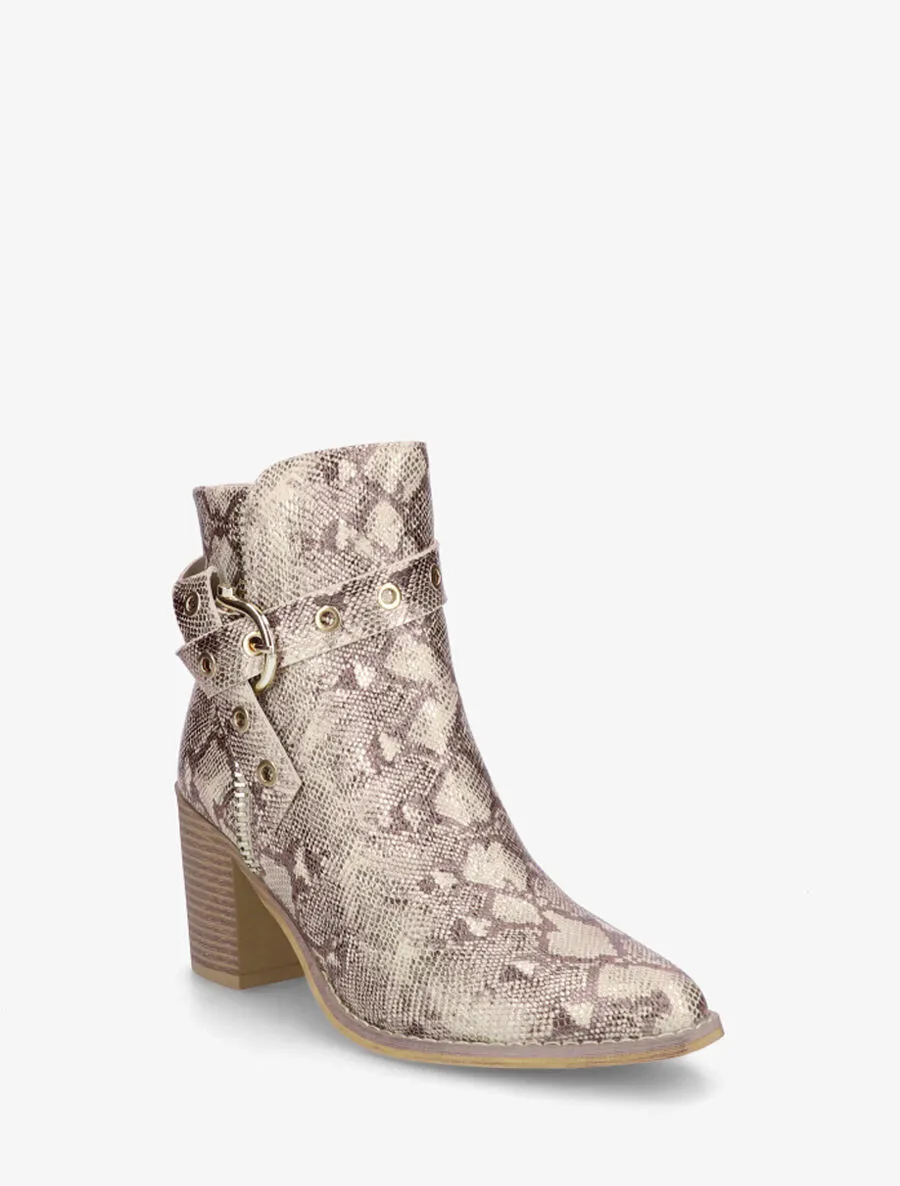 Bottines imprimé python à talon - Beige