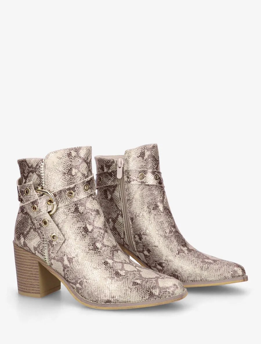 Bottines imprimé python à talon - Beige