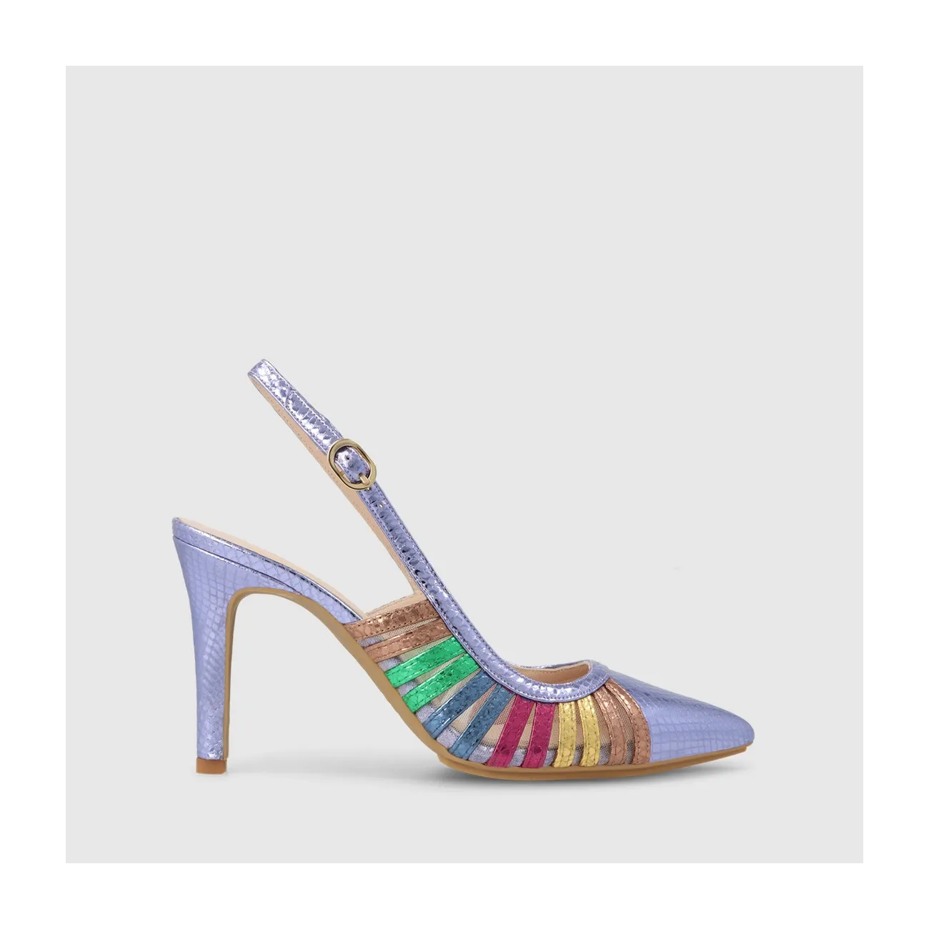 Escarpin slingback pour femme en cuir métallisé lilas et brides multicolores latérales. I LODI Chaussures pour femme online.