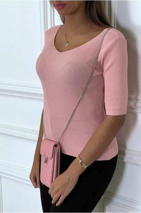 Haut col V en maille côtelé rose. Top femme pas cher