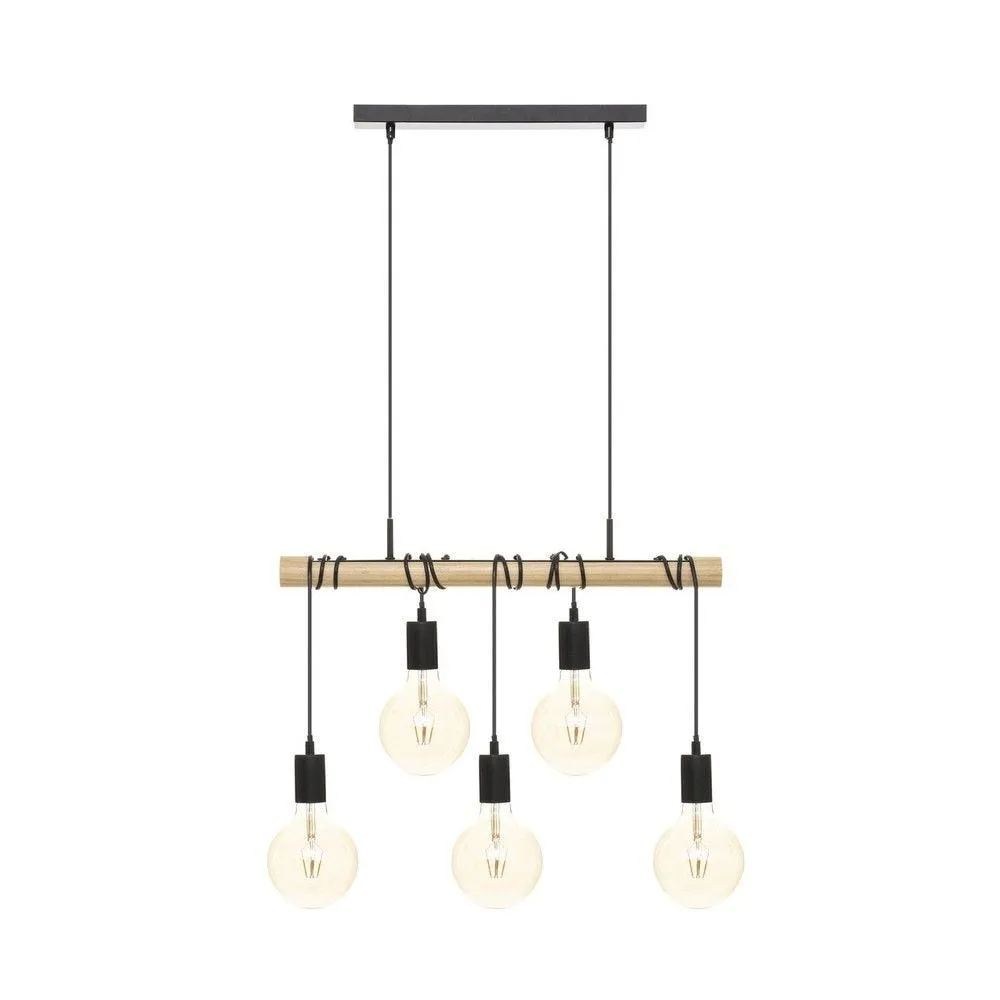 Luminaire suspension 5 lampes en métal noir et bois de pin l 60cm