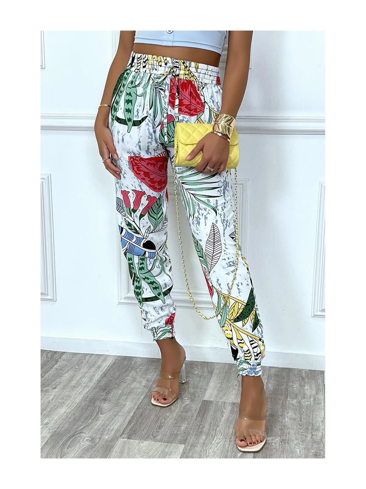 Pantalon fluide blanc motif feuilles en coton avec poches