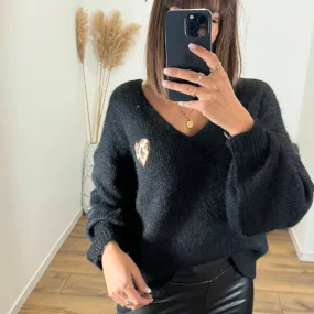 PULL NOIR COEUR LEOPARD LENY