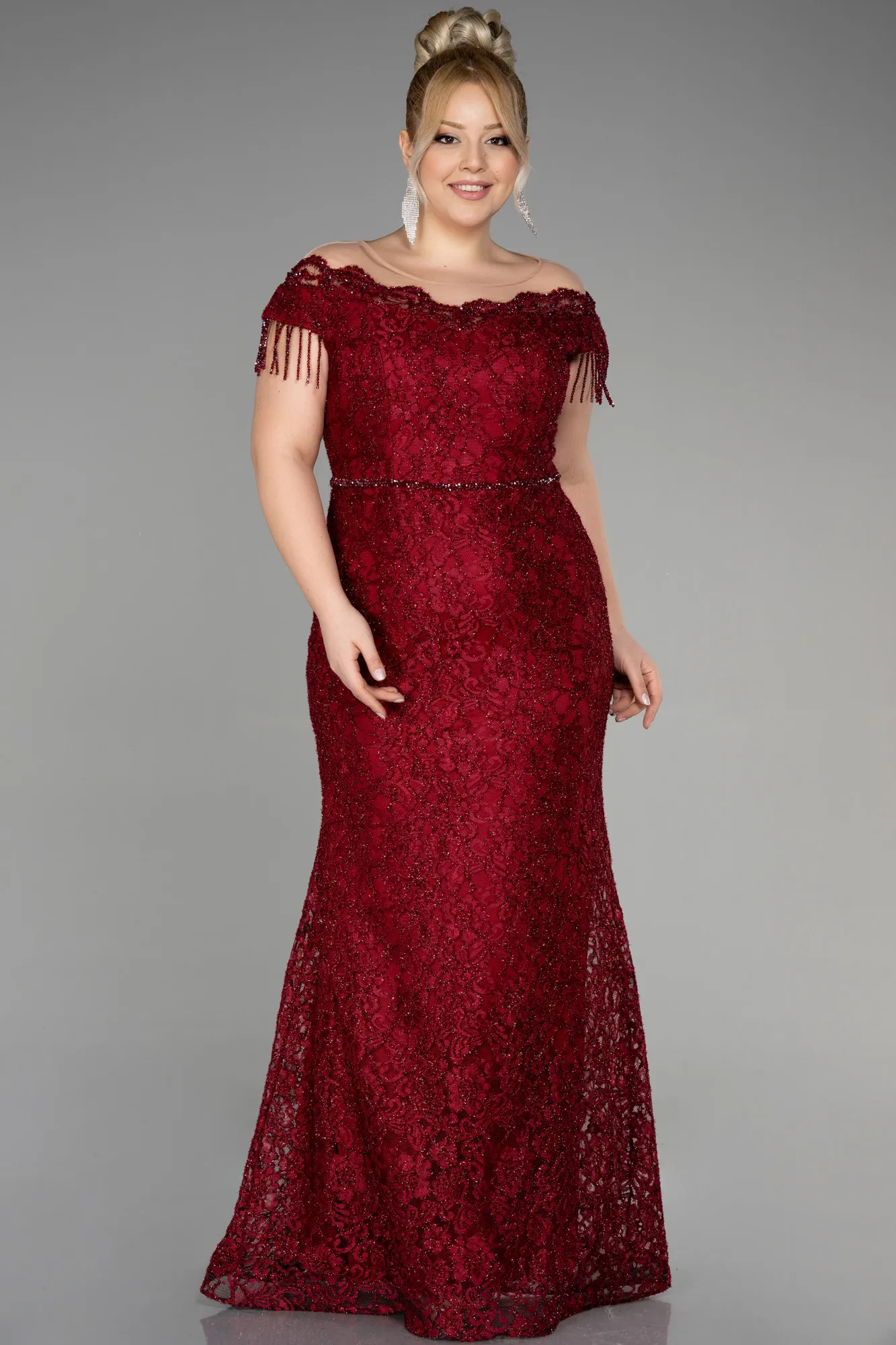Robe De Soirée Grande Taille Lacé Longue Rouge Bordeaux ABU3435