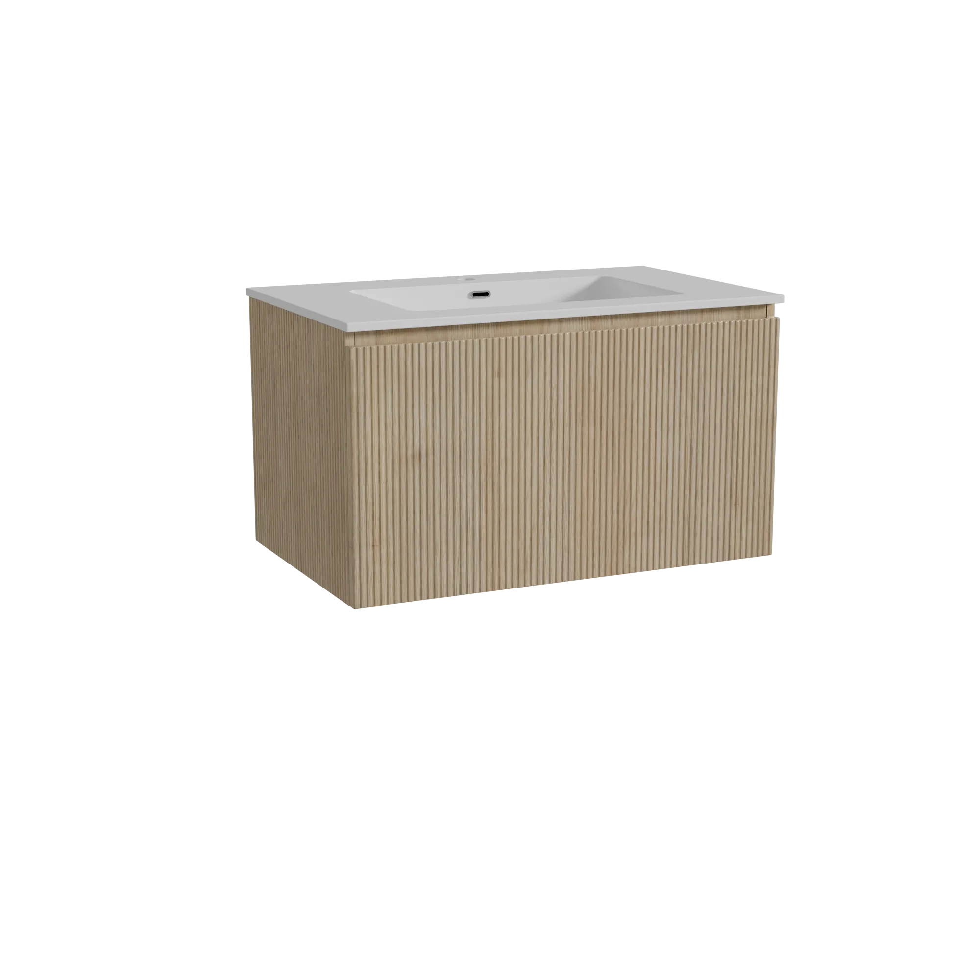 Storke Ribs meuble salle de bains suspendu 85 x 52 cm chêne brut avec Diva plan simple en marbre composite blanc brillant, Nervu