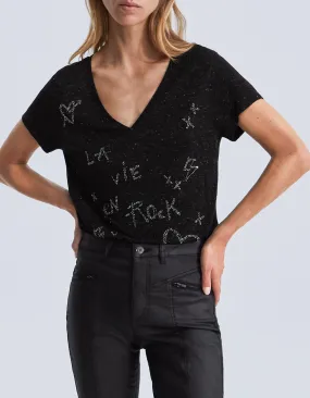 Tee-shirt noir pailleté message perles brodées Femme