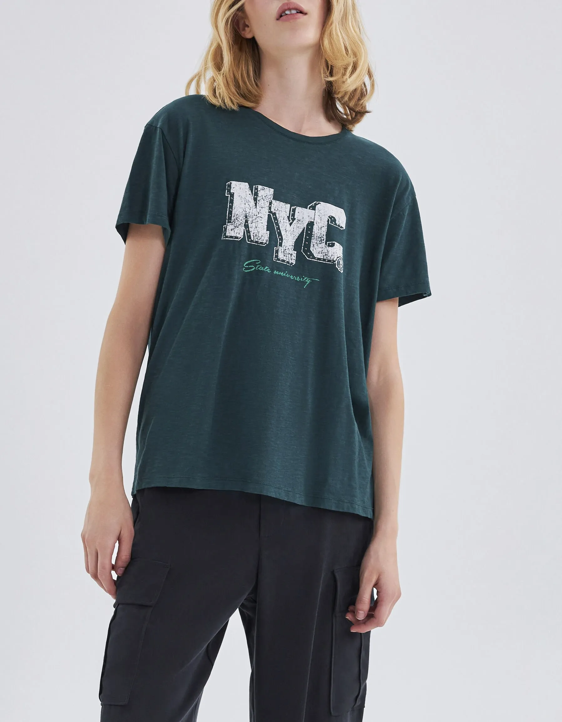 Tee-shirt vert canard bio à message clouté Femme
